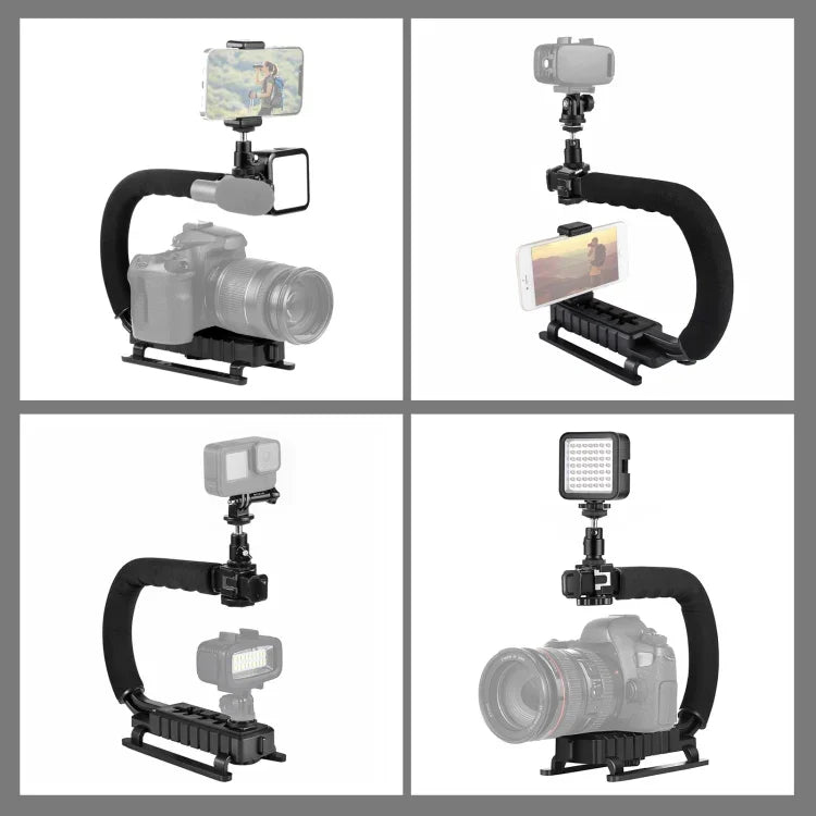 Kit de stabilisation portable PULUZ en forme de U/C pour caméscopes DV + éclairage LED d'appoint avec tête de trépied à griffe pour tous les appareils photo reflex et caméscopes domestiques, support en forme de C + éclairage d'appoint