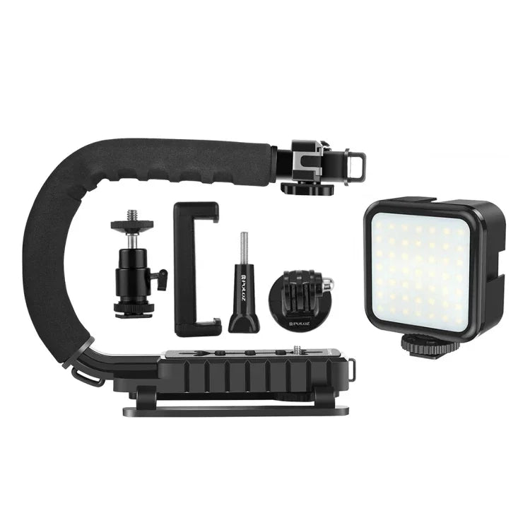 Kit de stabilisation portable PULUZ en forme de U/C pour caméscopes DV + éclairage LED d'appoint avec tête de trépied à griffe pour tous les appareils photo reflex et caméscopes domestiques, support en forme de C + éclairage d'appoint