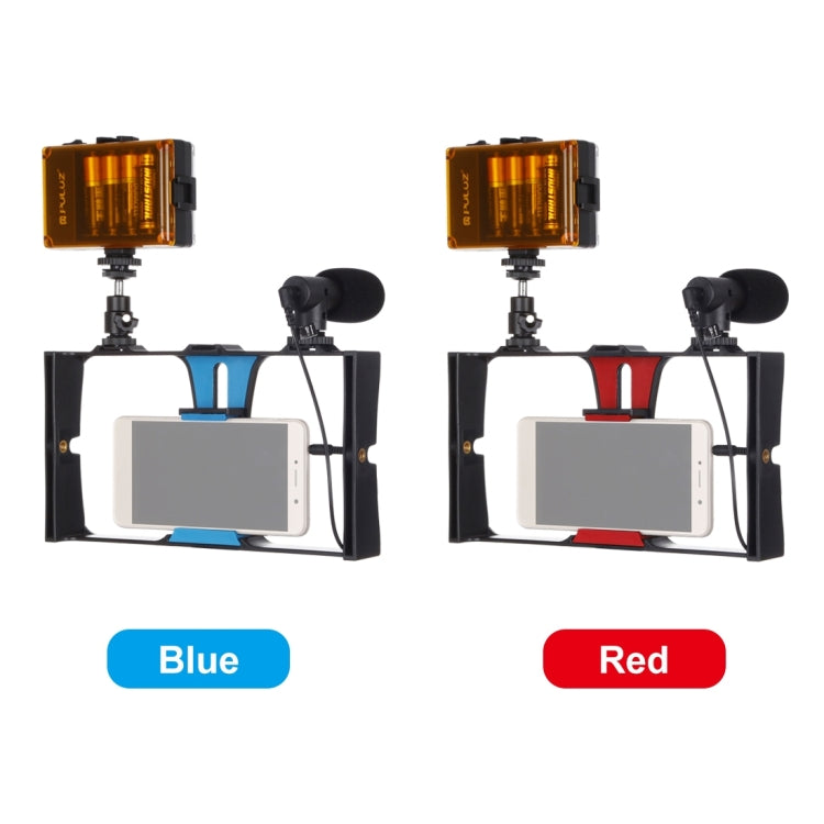 PULUZ Kit de montage vidéo 3 en 1 pour smartphones (iPhone, Galaxy, Huawei, Xiaomi, HTC, LG, Google et autres) avec éclairage LED pour selfies, microphone et trépied à griffe. Disponible en rouge et en version américaine.