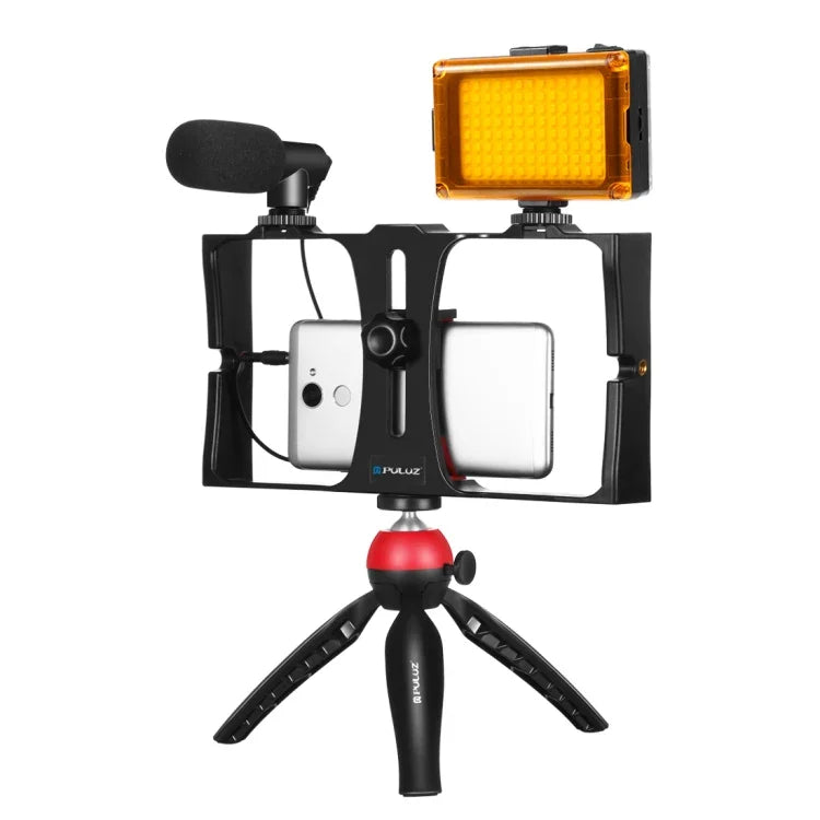 Kit vidéo pour smartphone PULUZ 4 en 1 avec éclairage LED pour selfies, microphone, trépied et griffe porte-accessoires, compatible iPhone, Galaxy, Huawei, Xiaomi, HTC, LG, Google et autres smartphones.