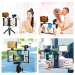 Kit vidéo pour smartphone PULUZ 4 en 1 avec éclairage LED pour selfies, microphone, trépied et griffe porte-accessoires, compatible iPhone, Galaxy, Huawei, Xiaomi, HTC, LG, Google et autres smartphones.