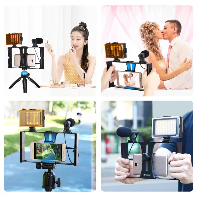 Kit vidéo pour smartphone PULUZ 4 en 1 avec éclairage LED pour selfies, microphone, trépied et griffe porte-accessoires, compatible iPhone, Galaxy, Huawei, Xiaomi, HTC, LG, Google et autres smartphones.