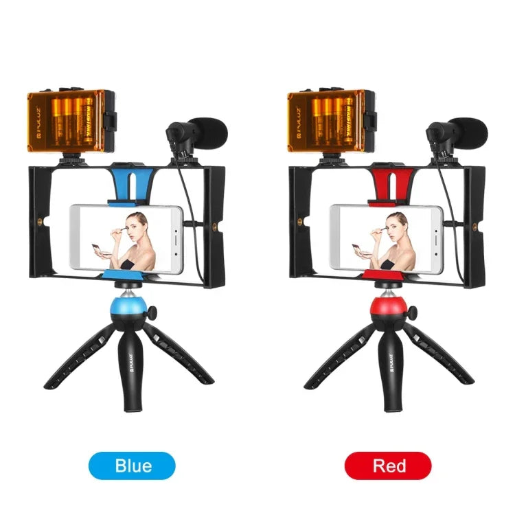 Kit vidéo pour smartphone PULUZ 4 en 1 avec éclairage LED pour selfies, microphone, trépied et griffe porte-accessoires, compatible iPhone, Galaxy, Huawei, Xiaomi, HTC, LG, Google et autres smartphones.