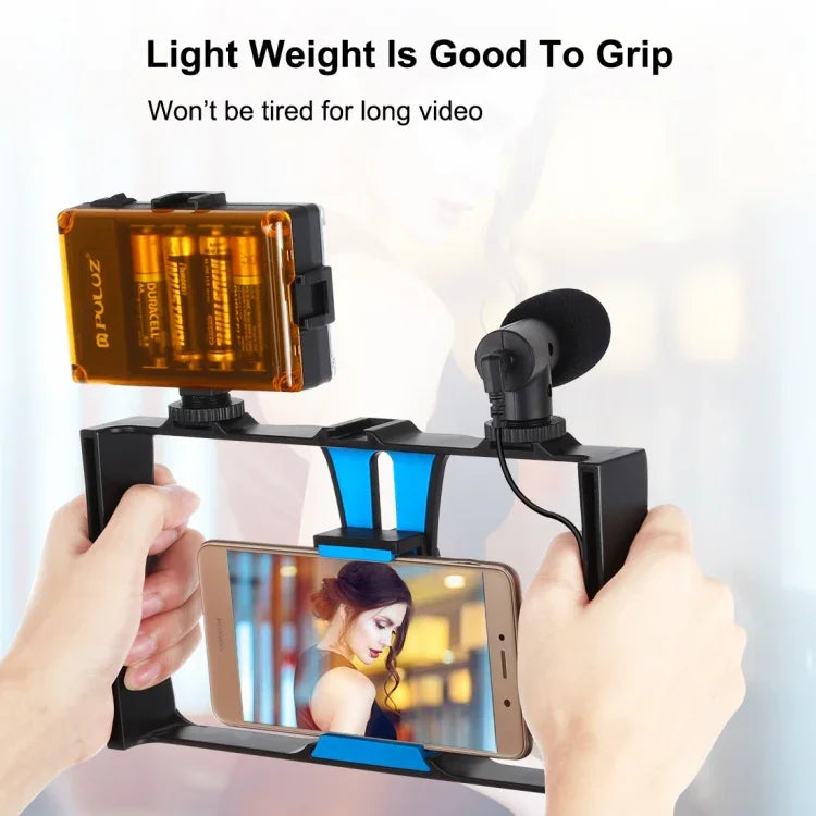 Kit vidéo pour smartphone PULUZ 4 en 1 avec éclairage LED pour selfies, microphone, trépied et griffe porte-accessoires, compatible iPhone, Galaxy, Huawei, Xiaomi, HTC, LG, Google et autres smartphones.
