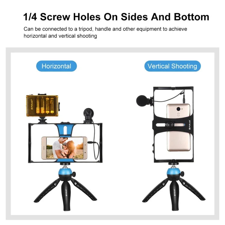 Kit vidéo pour smartphone PULUZ 4 en 1 avec éclairage LED pour selfies, microphone, trépied et griffe porte-accessoires, compatible iPhone, Galaxy, Huawei, Xiaomi, HTC, LG, Google et autres smartphones.