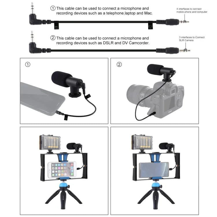 Kit vidéo pour smartphone PULUZ 4 en 1 avec éclairage LED pour selfies, microphone, trépied et griffe porte-accessoires, compatible iPhone, Galaxy, Huawei, Xiaomi, HTC, LG, Google et autres smartphones.