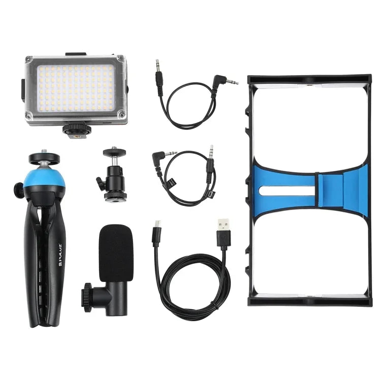Kit vidéo pour smartphone PULUZ 4 en 1 avec éclairage LED pour selfies, microphone, trépied et griffe porte-accessoires, compatible iPhone, Galaxy, Huawei, Xiaomi, HTC, LG, Google et autres smartphones.