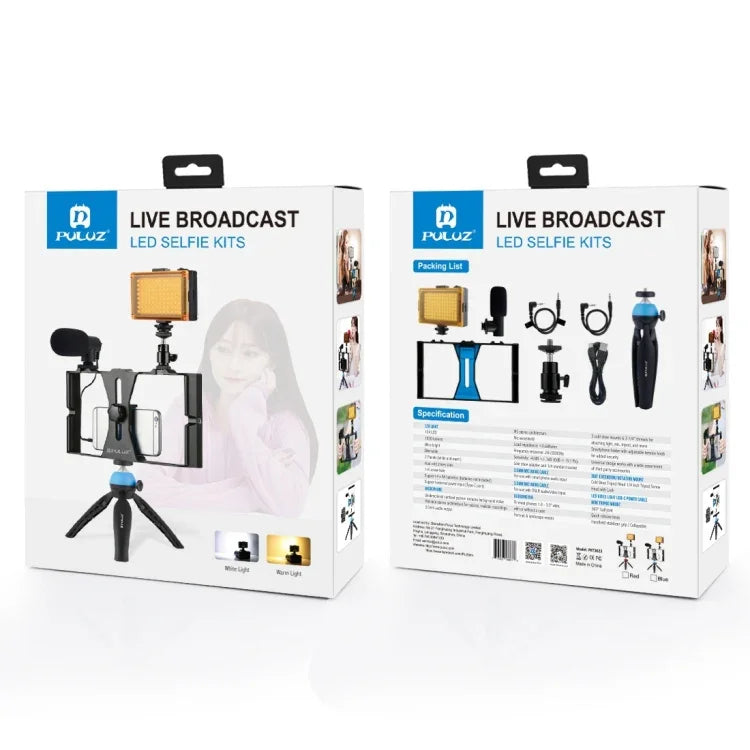 Kit vidéo pour smartphone PULUZ 4 en 1 avec éclairage LED pour selfies, microphone, trépied et griffe porte-accessoires, compatible iPhone, Galaxy, Huawei, Xiaomi, HTC, LG, Google et autres smartphones.