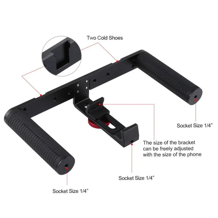 Kit de montage vidéo PULUZ 4 en 1 pour vlogging, diffusion en direct et selfies : lampe LED, poignée stabilisatrice, support en aluminium, microphone, fixation pour trépied et griffe porte-accessoires.