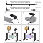 Kit de montage vidéo PULUZ 4 en 1 pour vlogging, diffusion en direct et selfies : lampe LED, poignée stabilisatrice, support en aluminium, microphone, fixation pour trépied et griffe porte-accessoires.