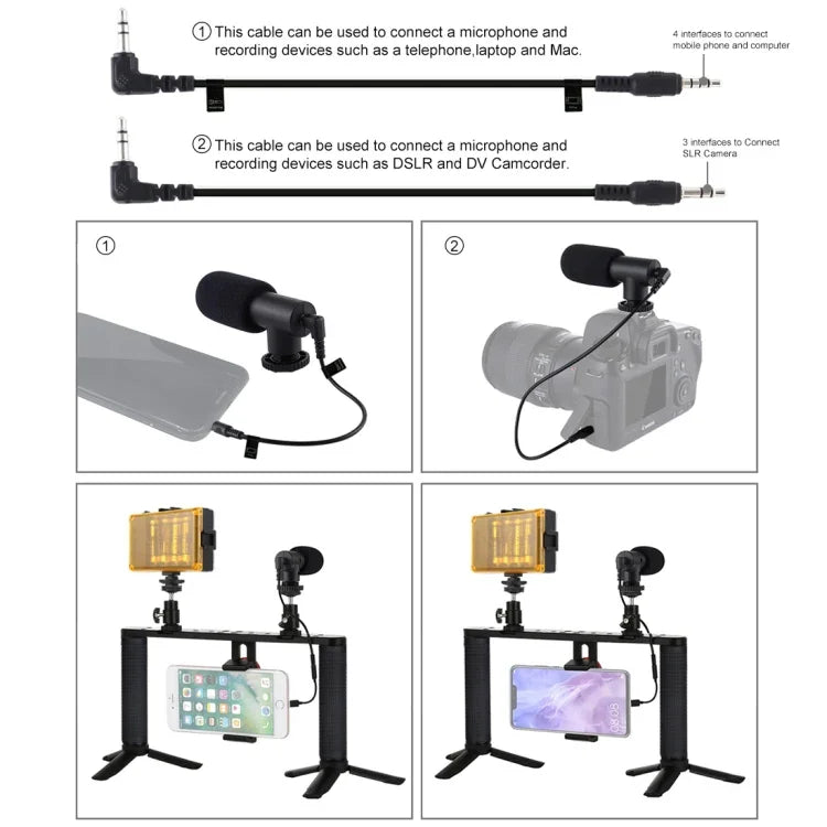 Kit de montage vidéo PULUZ 4 en 1 pour vlogging, diffusion en direct et selfies : lampe LED, poignée stabilisatrice, support en aluminium, microphone, fixation pour trépied et griffe porte-accessoires.