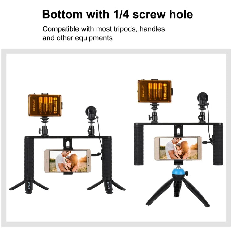 Kit de montage vidéo PULUZ 4 en 1 pour vlogging, diffusion en direct et selfies : lampe LED, poignée stabilisatrice, support en aluminium, microphone, fixation pour trépied et griffe porte-accessoires.