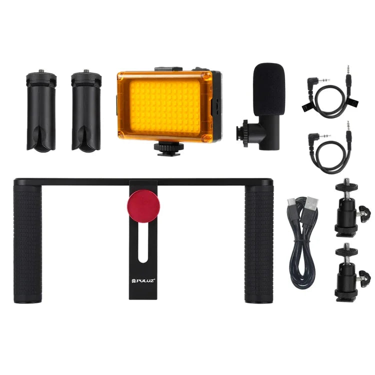 Kit de montage vidéo PULUZ 4 en 1 pour vlogging, diffusion en direct et selfies : lampe LED, poignée stabilisatrice, support en aluminium, microphone, fixation pour trépied et griffe porte-accessoires.