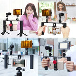 Kit de montage vidéo PULUZ 4 en 1 pour vlogging, diffusion en direct et selfies : lampe LED, poignée stabilisatrice, support en aluminium, microphone, fixation pour trépied et griffe porte-accessoires.