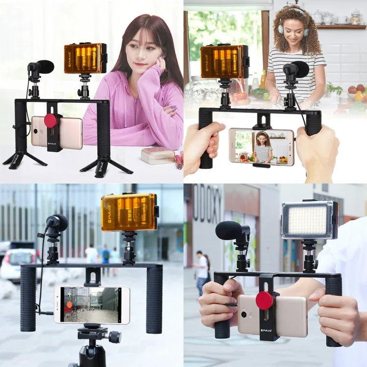 Kit de montage vidéo PULUZ 4 en 1 pour vlogging, diffusion en direct et selfies : lampe LED, poignée stabilisatrice, support en aluminium, microphone, fixation pour trépied et griffe porte-accessoires.