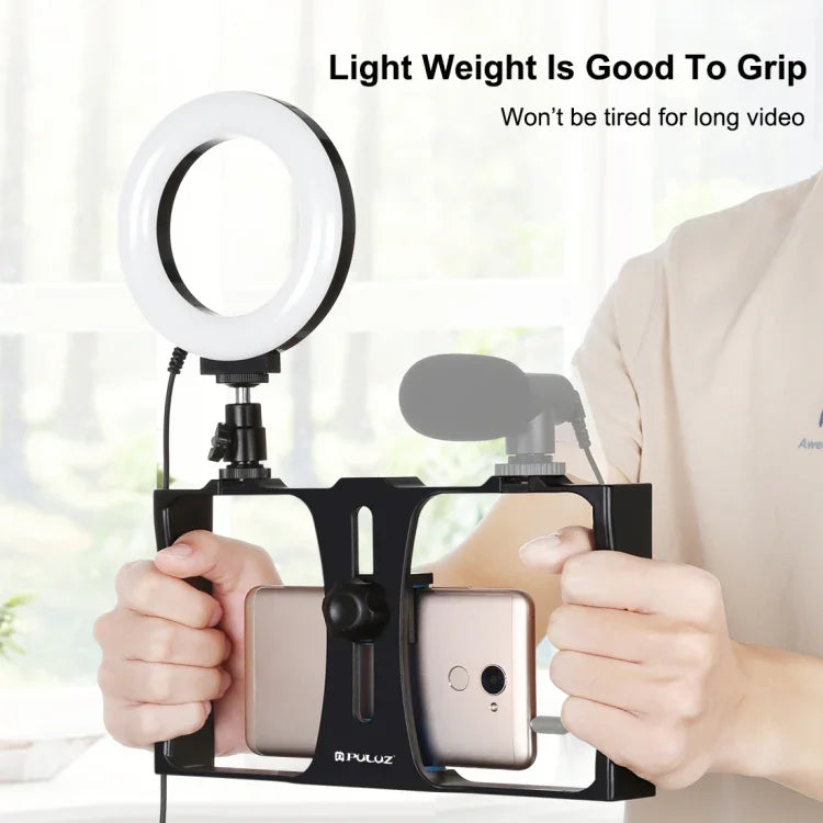 PULUZ Kit de Vlogging Diffusion en Direct 2 en 1 pour Smartphone + Anneau Lumineux LED Selfie de 4,7 pouces 12 cm avec Tête de Trépied à Griffe Froide pour iPhone, Galaxy, Huawei, Xiaomi, HTC, LG, Google et Autres Smartphones, Anneau LED 2 en 1