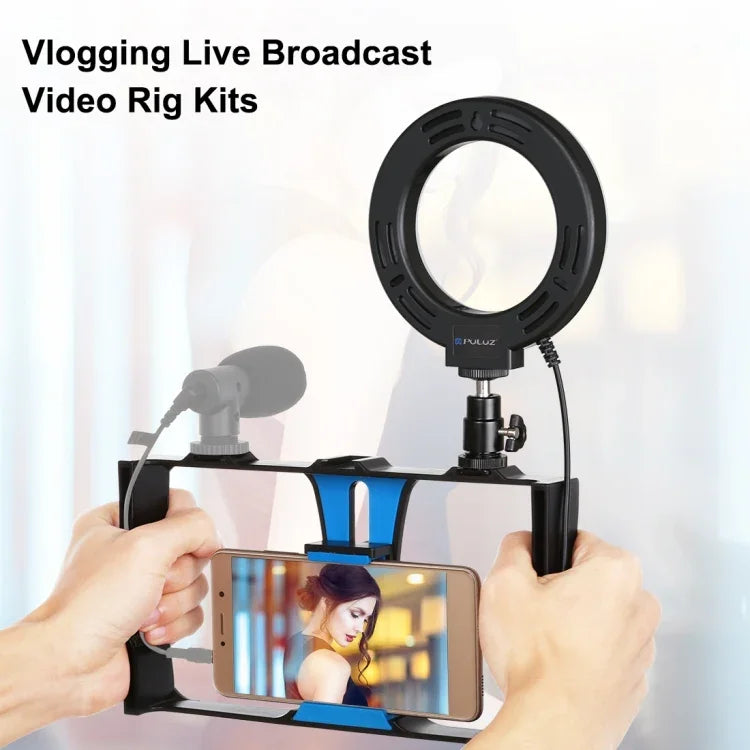 PULUZ Kit de Vlogging Diffusion en Direct 2 en 1 pour Smartphone + Anneau Lumineux LED Selfie de 4,7 pouces 12 cm avec Tête de Trépied à Griffe Froide pour iPhone, Galaxy, Huawei, Xiaomi, HTC, LG, Google et Autres Smartphones, Anneau LED 2 en 1