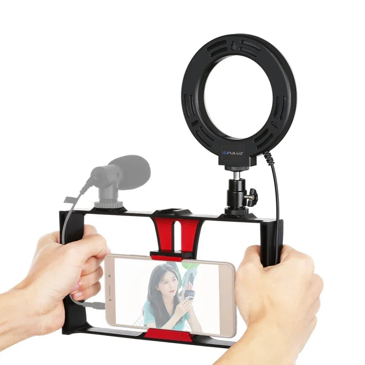 PULUZ Kit de Vlogging Diffusion en Direct 2 en 1 pour Smartphone + Anneau Lumineux LED Selfie de 4,7 pouces 12 cm avec Tête de Trépied à Griffe Froide pour iPhone, Galaxy, Huawei, Xiaomi, HTC, LG, Google et Autres Smartphones, Anneau LED 2 en 1