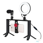 Kit de montage vidéo PULUZ 4 en 1 pour vlogging et diffusion en direct : anneau lumineux LED de 12 cm (4,7 pouces) avec poignée, stabilisateur et support en aluminium. Comprend un microphone, un support pour trépied et une griffe porte-accessoires.