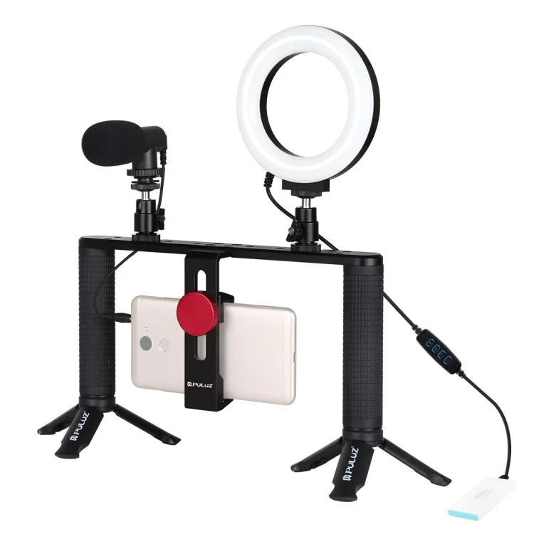 Kit de montage vidéo PULUZ 4 en 1 pour vlogging et diffusion en direct : anneau lumineux LED de 12 cm (4,7 pouces) avec poignée, stabilisateur et support en aluminium. Comprend un microphone, un support pour trépied et une griffe porte-accessoires.