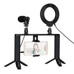 Kit de montage vidéo PULUZ 4 en 1 pour vlogging et diffusion en direct : anneau lumineux LED de 12 cm (4,7 pouces) avec poignée, stabilisateur et support en aluminium. Comprend un microphone, un support pour trépied et une griffe porte-accessoires.