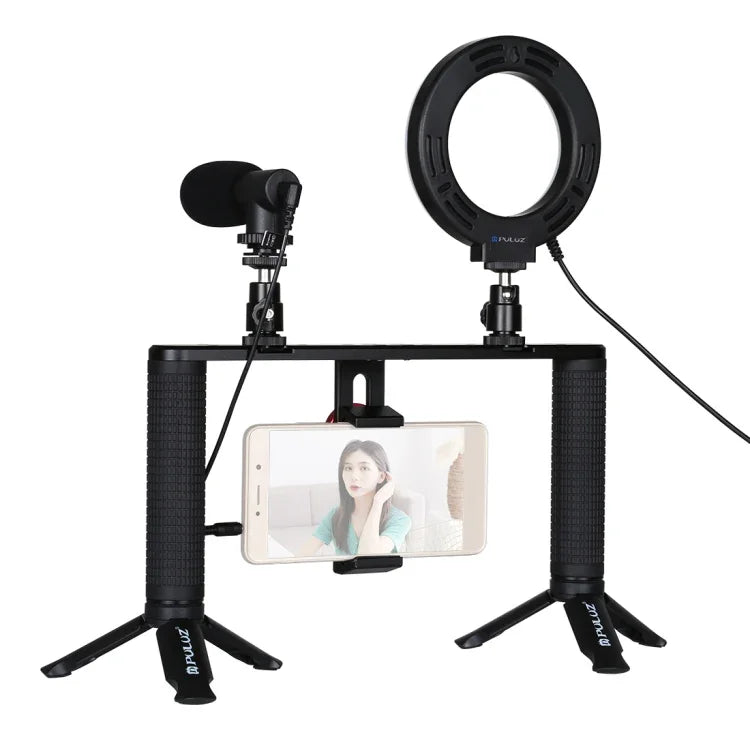 Kit de montage vidéo PULUZ 4 en 1 pour vlogging et diffusion en direct : anneau lumineux LED de 12 cm (4,7 pouces) avec poignée, stabilisateur et support en aluminium. Comprend un microphone, un support pour trépied et une griffe porte-accessoires.
