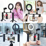 Kit de montage vidéo PULUZ 4 en 1 pour vlogging et diffusion en direct : anneau lumineux LED de 12 cm (4,7 pouces) avec poignée, stabilisateur et support en aluminium. Comprend un microphone, un support pour trépied et une griffe porte-accessoires.