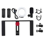Kit de montage vidéo PULUZ 4 en 1 pour vlogging et diffusion en direct : anneau lumineux LED de 12 cm (4,7 pouces) avec poignée, stabilisateur et support en aluminium. Comprend un microphone, un support pour trépied et une griffe porte-accessoires.