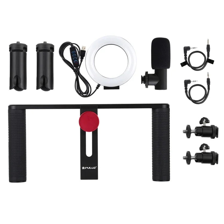 Kit de montage vidéo PULUZ 4 en 1 pour vlogging et diffusion en direct : anneau lumineux LED de 12 cm (4,7 pouces) avec poignée, stabilisateur et support en aluminium. Comprend un microphone, un support pour trépied et une griffe porte-accessoires.