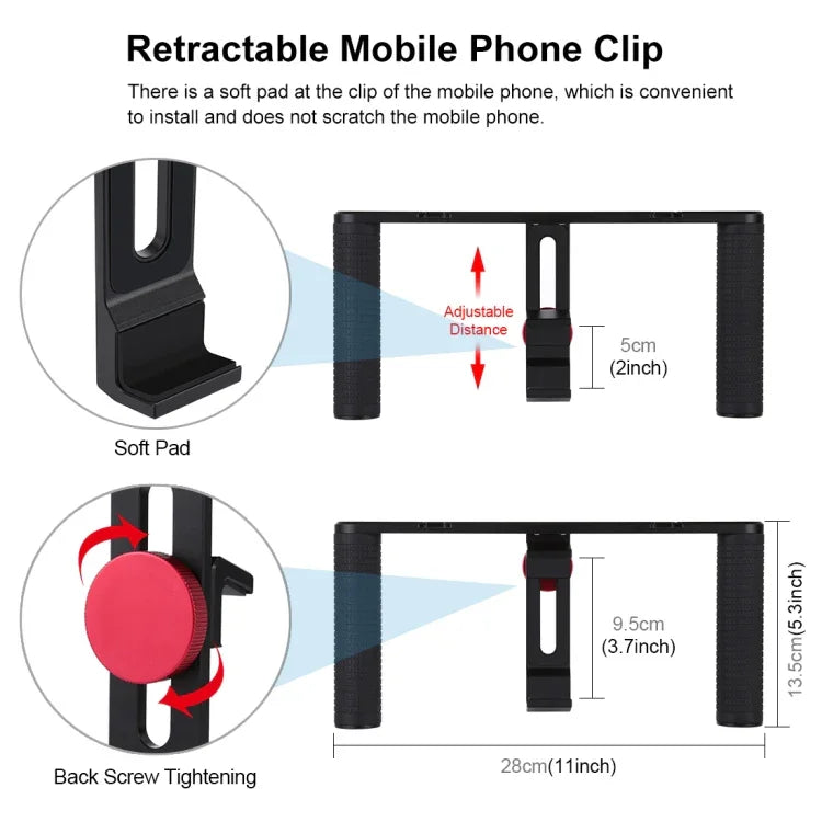 Kit de montage vidéo PULUZ 4 en 1 pour vlogging et diffusion en direct : anneau lumineux LED de 12 cm (4,7 pouces) avec poignée, stabilisateur et support en aluminium. Comprend un microphone, un support pour trépied et une griffe porte-accessoires.