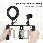 Kit de montage vidéo PULUZ 4 en 1 pour vlogging et diffusion en direct : anneau lumineux LED de 12 cm (4,7 pouces) avec poignée, stabilisateur et support en aluminium. Comprend un microphone, un support pour trépied et une griffe porte-accessoires.