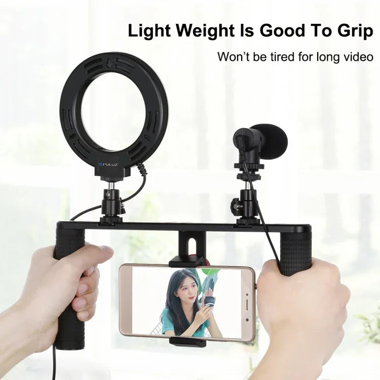 Kit de montage vidéo PULUZ 4 en 1 pour vlogging et diffusion en direct : anneau lumineux LED de 12 cm (4,7 pouces) avec poignée, stabilisateur et support en aluminium. Comprend un microphone, un support pour trépied et une griffe porte-accessoires.