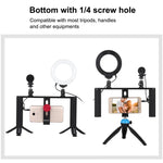 Kit de montage vidéo PULUZ 4 en 1 pour vlogging et diffusion en direct : anneau lumineux LED de 12 cm (4,7 pouces) avec poignée, stabilisateur et support en aluminium. Comprend un microphone, un support pour trépied et une griffe porte-accessoires.