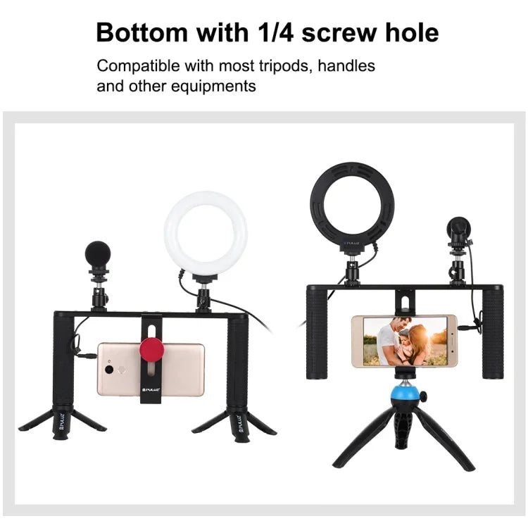 Kit de montage vidéo PULUZ 4 en 1 pour vlogging et diffusion en direct : anneau lumineux LED de 12 cm (4,7 pouces) avec poignée, stabilisateur et support en aluminium. Comprend un microphone, un support pour trépied et une griffe porte-accessoires.