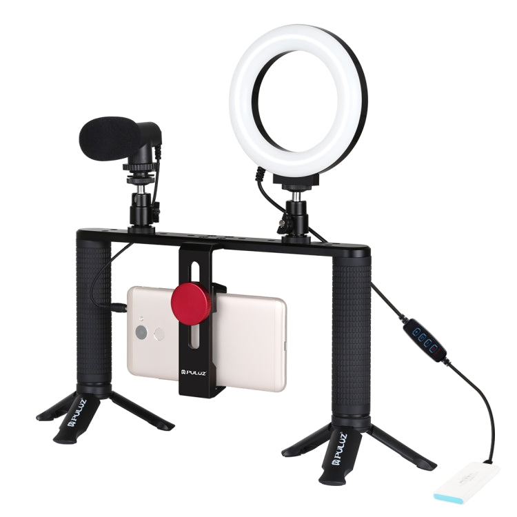 Kit de montage vidéo PULUZ 4 en 1 pour vlogging et diffusion en direct : anneau lumineux LED de 12 cm (4,7 pouces) avec poignée, stabilisateur et support en aluminium. Comprend un microphone, un support pour trépied et une griffe porte-accessoires.