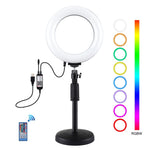 PULUZ Support de Bureau Rond 16 cm 6,2 pouces Lumière RGBW + Anneau LED Dimmable USB pour Vlogging Photographie Vidéo avec Trépied à Chaussure Froide et Tête Bille & Télécommande, Montage Bureau + RGBW 6,2 pouces / Télécommande