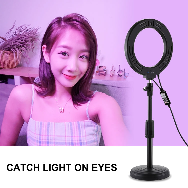 PULUZ Support de Bureau Rond 16 cm 6,2 pouces Lumière RGBW + Anneau LED Dimmable USB pour Vlogging Photographie Vidéo avec Trépied à Chaussure Froide et Tête Bille & Télécommande, Montage Bureau + RGBW 6,2 pouces / Télécommande