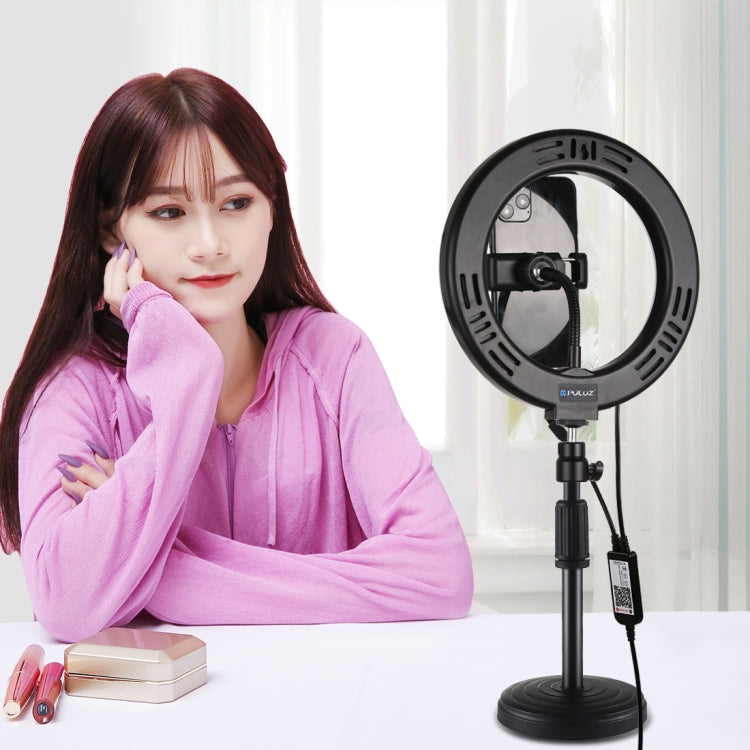 Anneau lumineux LED RGBW PULUZ 20 cm 7,9 pouces + base ronde de bureau, lumière LED à double température de couleur dimmable, anneau lumineux incurvé pour vlogging, selfie, photographie et vidéo avec pince pour téléphone, 7,9 pouces + support rond