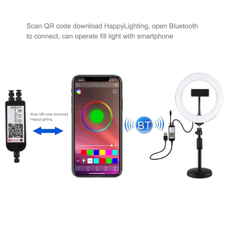 Anneau lumineux LED RGBW PULUZ 20 cm 7,9 pouces + base ronde de bureau, lumière LED à double température de couleur dimmable, anneau lumineux incurvé pour vlogging, selfie, photographie et vidéo avec pince pour téléphone, 7,9 pouces + support rond