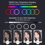Anneau lumineux LED RGBW PULUZ 20 cm 7,9 pouces + base ronde de bureau, lumière LED à double température de couleur dimmable, anneau lumineux incurvé pour vlogging, selfie, photographie et vidéo avec pince pour téléphone, 7,9 pouces + support rond