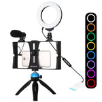Kit vidéo PULUZ 4 en 1 pour vlogging et diffusion en direct sur smartphone : anneau lumineux LED RGBW 4,7 pouces (12 cm) pour selfies, microphone et trépied de poche avec griffe porte-accessoires.