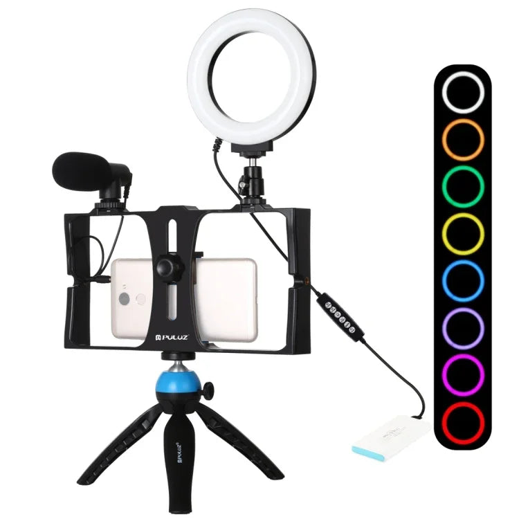 Kit vidéo PULUZ 4 en 1 pour vlogging et diffusion en direct sur smartphone : anneau lumineux LED RGBW 4,7 pouces (12 cm) pour selfies, microphone et trépied de poche avec griffe porte-accessoires.