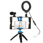 Kit vidéo PULUZ 4 en 1 pour vlogging et diffusion en direct sur smartphone : anneau lumineux LED RGBW 4,7 pouces (12 cm) pour selfies, microphone et trépied de poche avec griffe porte-accessoires.