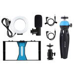 Kit vidéo PULUZ 4 en 1 pour vlogging et diffusion en direct sur smartphone : anneau lumineux LED RGBW 4,7 pouces (12 cm) pour selfies, microphone et trépied de poche avec griffe porte-accessoires.