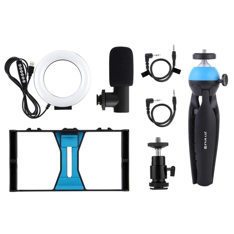Kit vidéo PULUZ 4 en 1 pour vlogging et diffusion en direct sur smartphone : anneau lumineux LED RGBW 4,7 pouces (12 cm) pour selfies, microphone et trépied de poche avec griffe porte-accessoires.