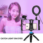 Kit vidéo PULUZ 4 en 1 pour vlogging et diffusion en direct sur smartphone : anneau lumineux LED RGBW 4,7 pouces (12 cm) pour selfies, microphone et trépied de poche avec griffe porte-accessoires.