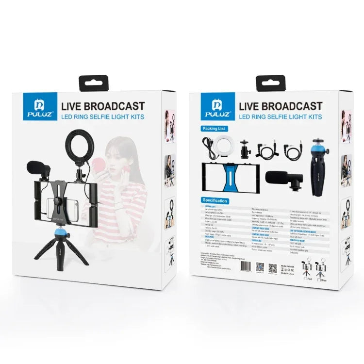 Kit vidéo PULUZ 4 en 1 pour vlogging et diffusion en direct sur smartphone : anneau lumineux LED RGBW 4,7 pouces (12 cm) pour selfies, microphone et trépied de poche avec griffe porte-accessoires.