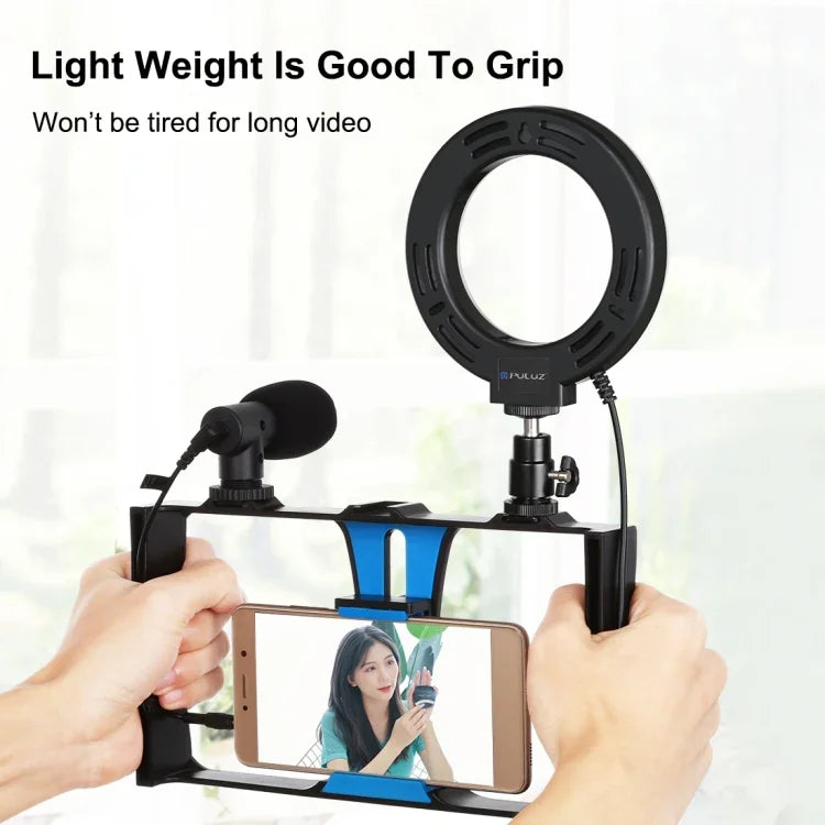 Kit vidéo PULUZ 4 en 1 pour vlogging et diffusion en direct sur smartphone : anneau lumineux LED RGBW 4,7 pouces (12 cm) pour selfies, microphone et trépied de poche avec griffe porte-accessoires.