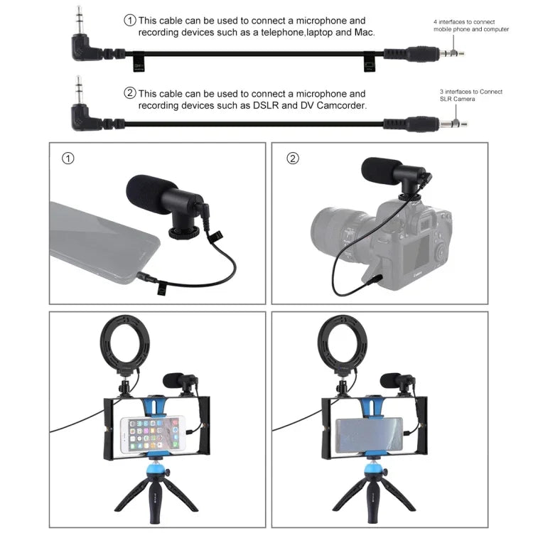 Kit vidéo PULUZ 4 en 1 pour vlogging et diffusion en direct sur smartphone : anneau lumineux LED RGBW 4,7 pouces (12 cm) pour selfies, microphone et trépied de poche avec griffe porte-accessoires.
