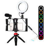 Kit vidéo PULUZ 4 en 1 pour vlogging et diffusion en direct sur smartphone : anneau lumineux LED RGBW 4,7 pouces (12 cm) pour selfies, microphone et trépied de poche avec griffe porte-accessoires.